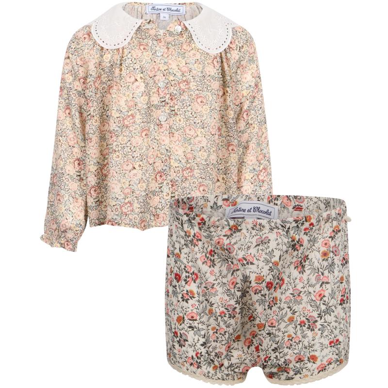 Tartine et Chocolat Scalloped collar floral print blouse and shorts set in beige and pink
