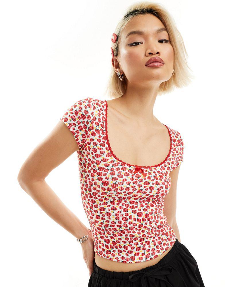 Motel Motel strawberry print bow detail top in white and red