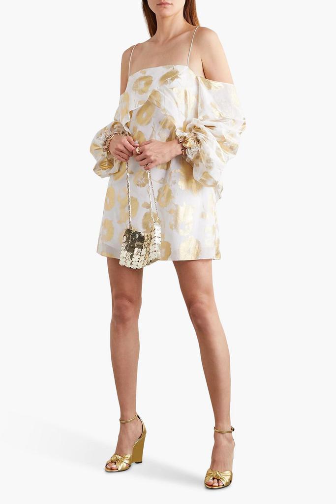 Halpern Cold-shoulder metallic floral-print cotton-voile mini dress