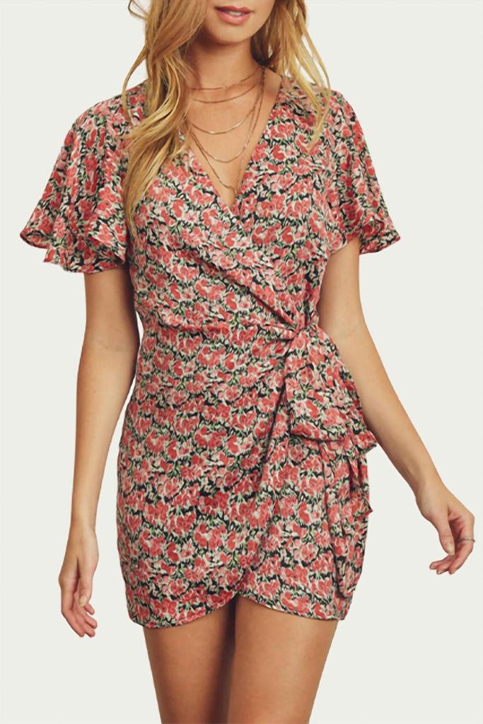 Dress Forum FLORAL-PRINT SATIN WRAP MINI DRESS