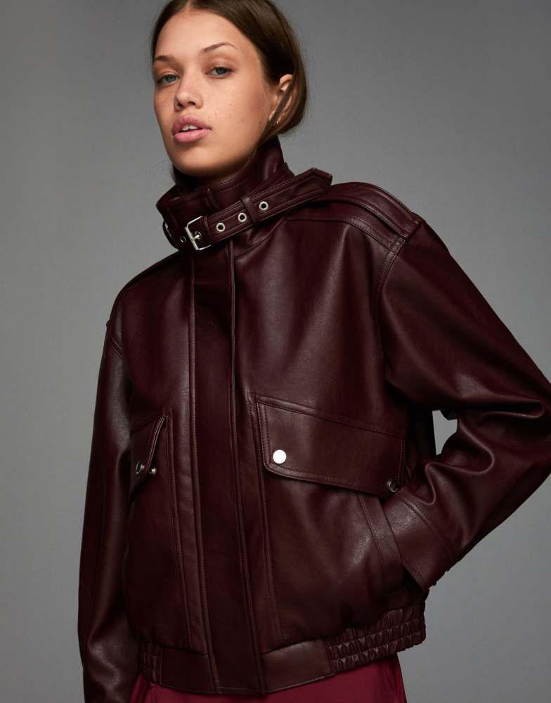 Bershka Bershka Faux leather jacket with pockets in burgundy