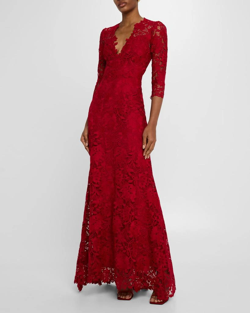 Monique Lhuillier Plunging 3/4-Sleeve Guipure Lace Gown - Dresses & Skirts  - Free Shipping - BeyondStyle