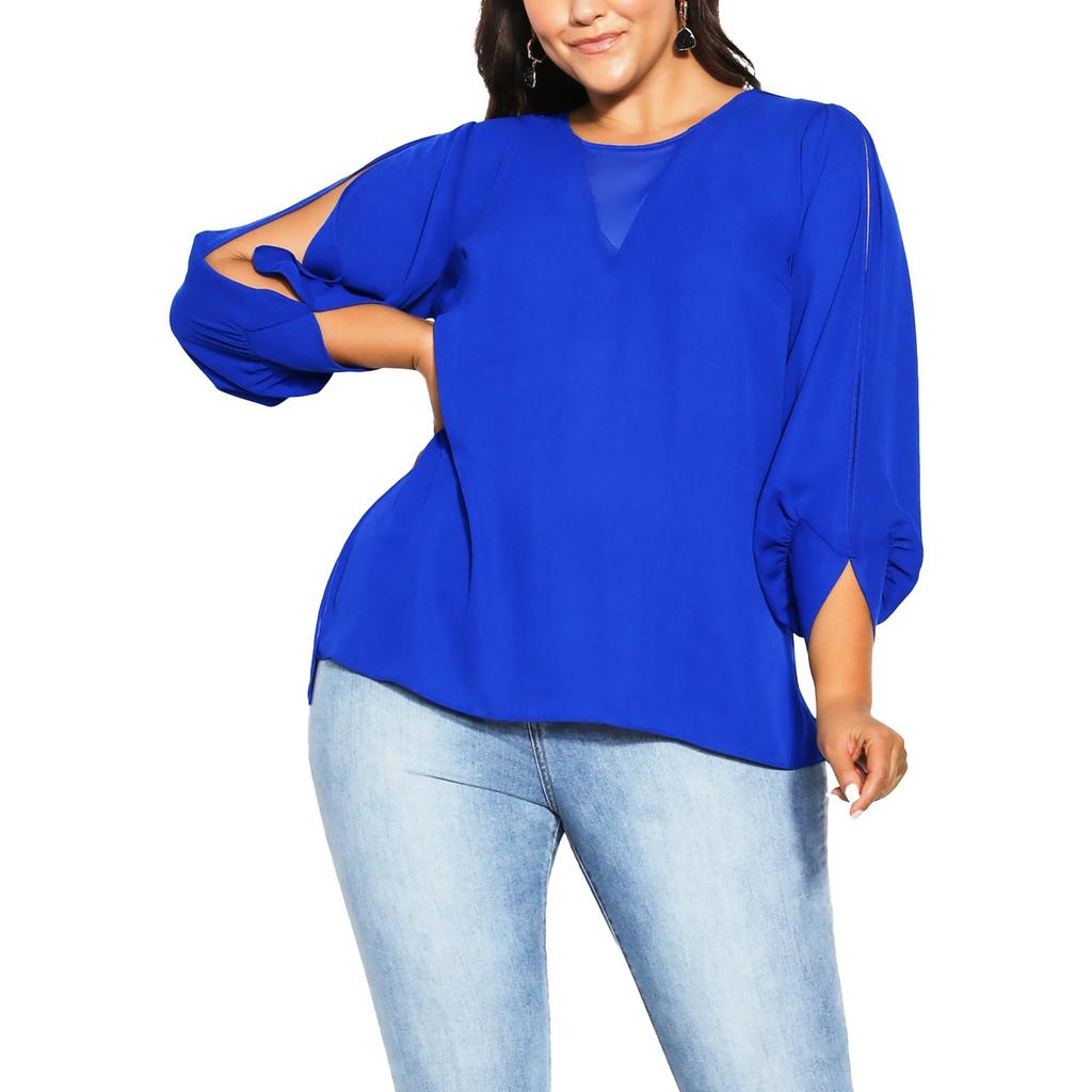 City Chic Womens Crewneck Split Sleeve Blouse
