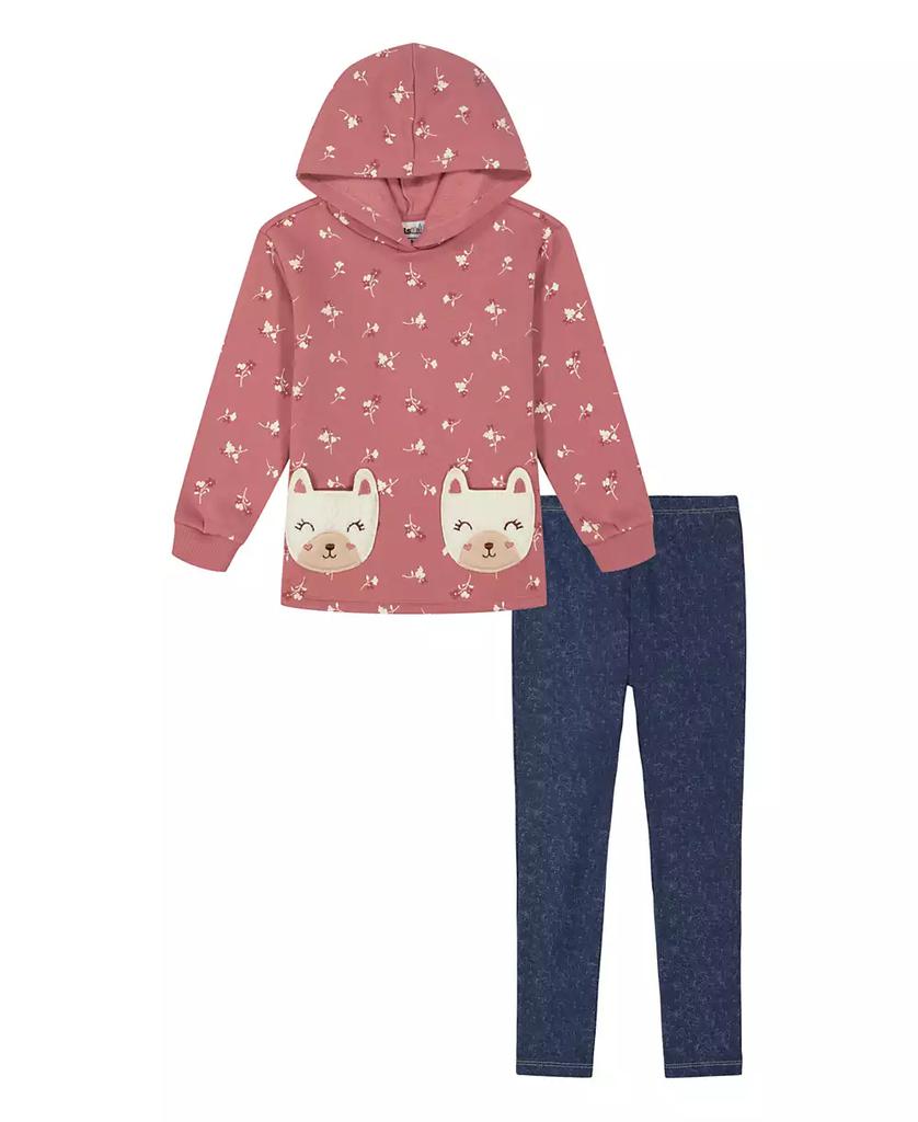 KIDS HEADQUARTERS Baby Girl Printed Fleece Kitty Pocket Hooded Tunic Jeggings