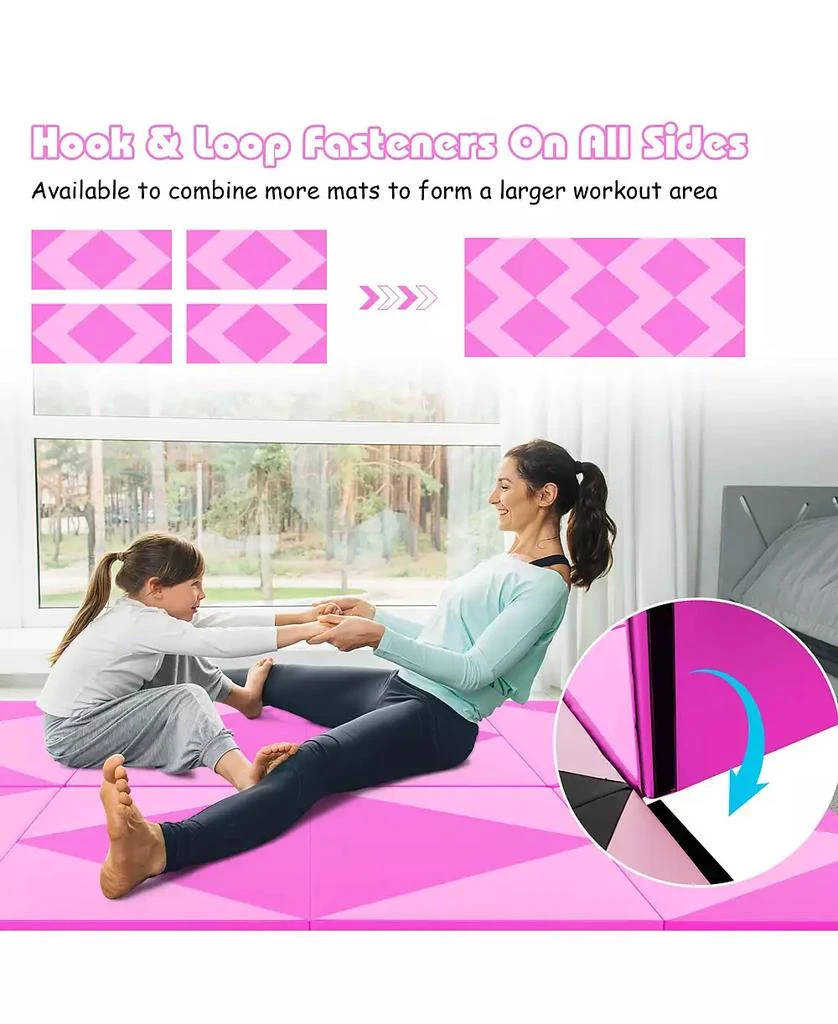 GOUUN 8 Feet PU Leather Folding Gymnastics Mat with Hook and Loop Fasteners-Pink 8