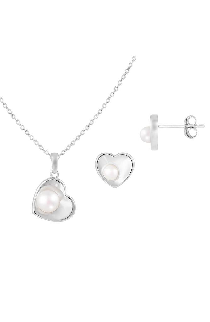 Splendid Pearls 7–7.5mm Cultured Freshwater Pearl Heart Stud Earrings & Necklace Set