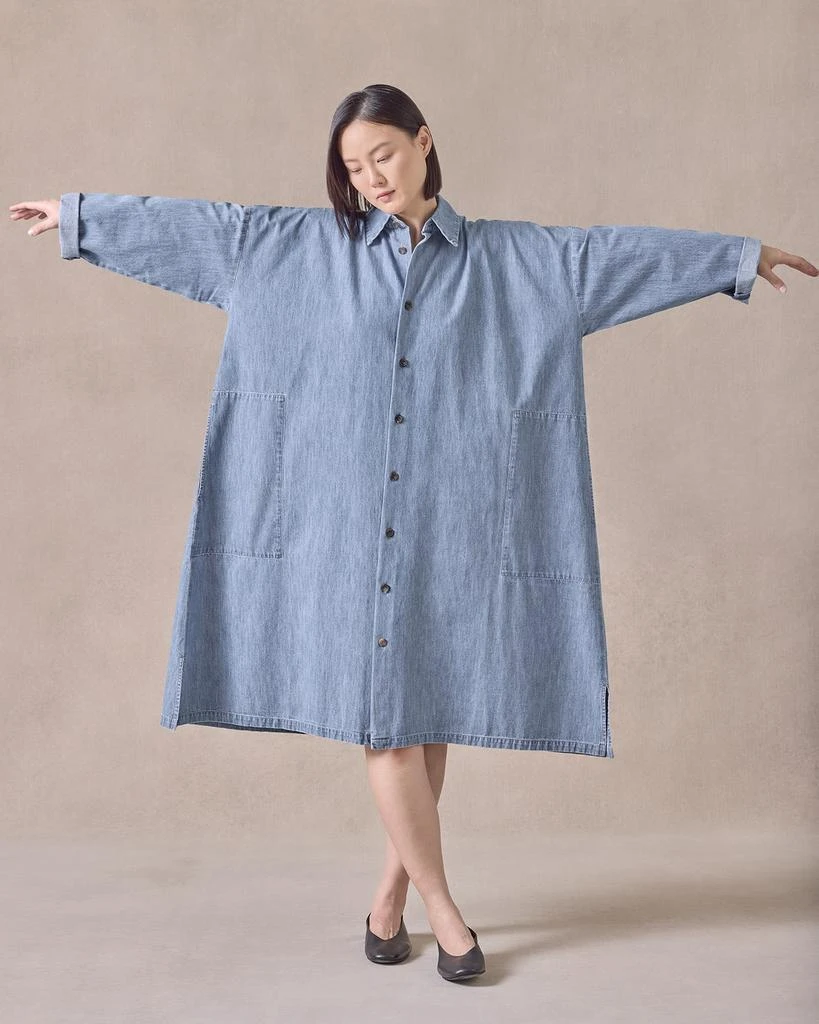Eskandar Denim Wide A-Line Back-Pleat Shirtdress With Collar 5