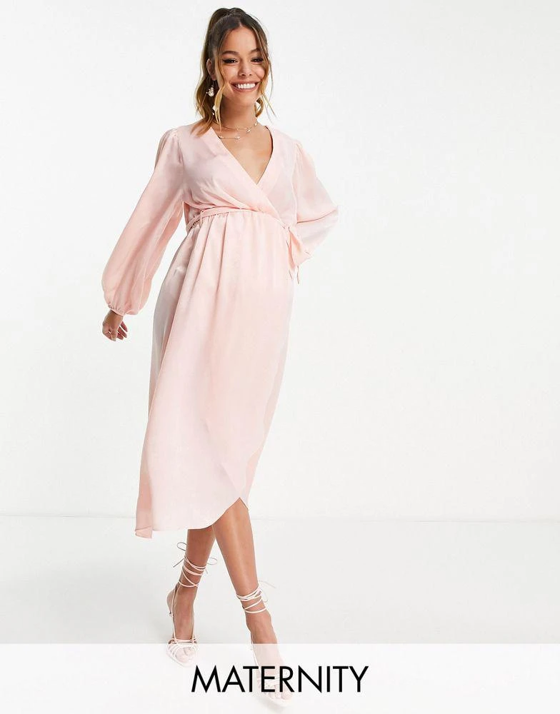 River Island Maternity River Island Maternity satin wrap midi dress in pink 1