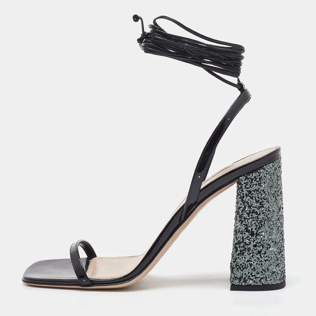 Miu Miu Miu Miu Black Patent Leather and Glitter Block Heel Ankle Wrap Sandals Size 38.5