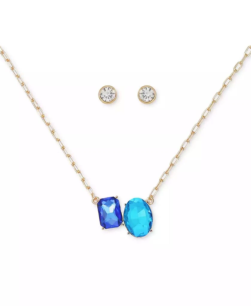 GUESS Gold-Tone Double Crystal Pendant Necklace & Logo Stud Earrings Set 2