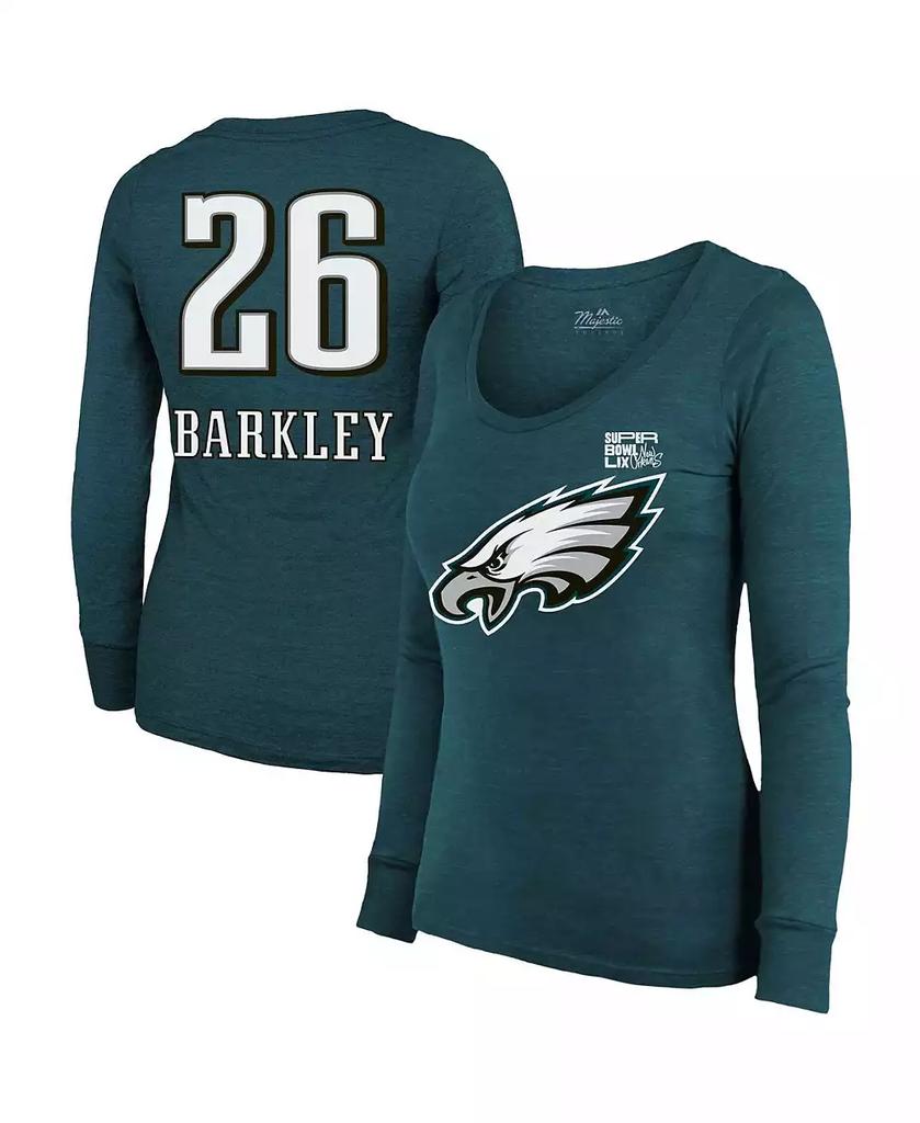 Majestic Women's Saquon Barkley Midnight Green Philadelphia Eagles Super Bowl LIX Player Name Number Tri-Blend Long Sleeve Scoop Neck T-Shirt