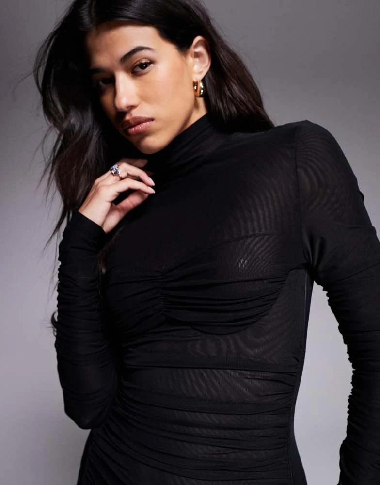 Ruched & Ready It Girl sculpted semi sheer mesh high neck bodycon maxi dress in Black