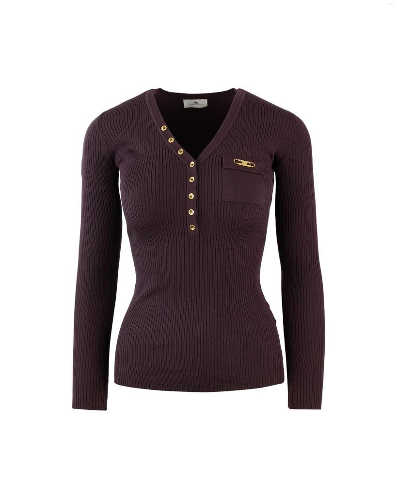 Elisabetta Franchi Breast Pocket Ribbed Knit Top – On Sale Now
