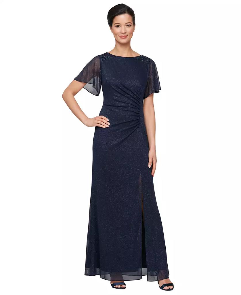 SL Fashions Petite Flutter-Sleeve Embellished Glitter Gown