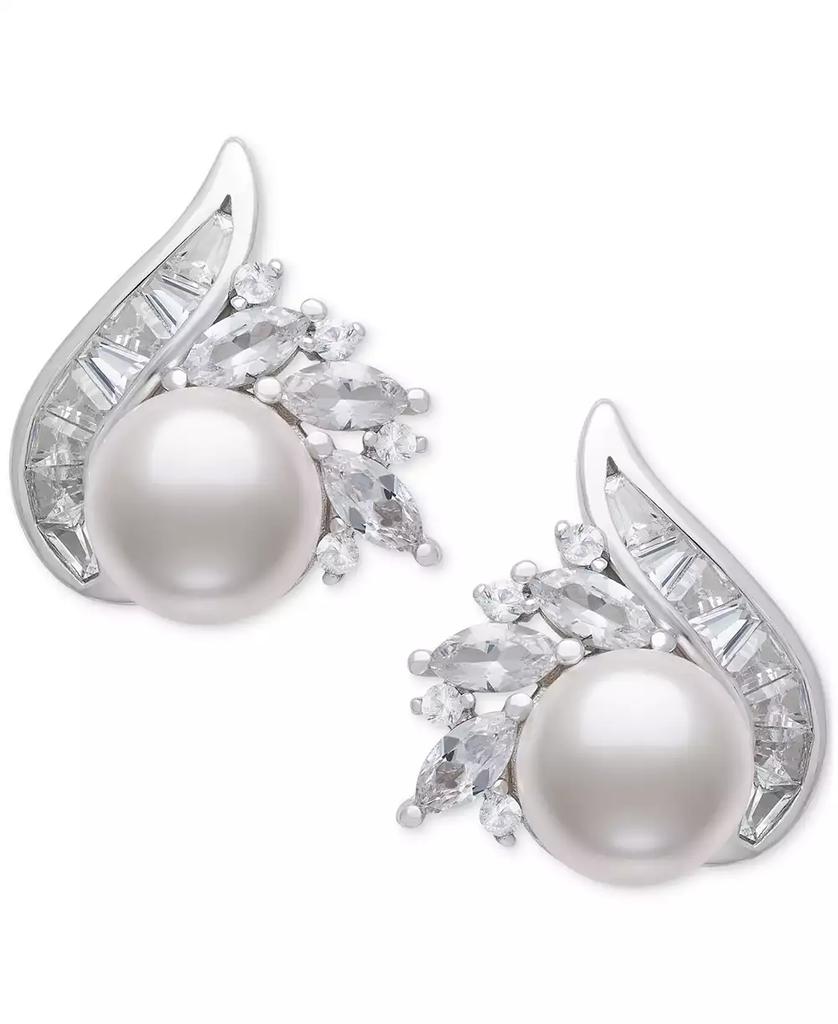 Belle de Mer Cultured Freshwater Pearl (8-9mm) & Lab Created White Sapphire (2 ct. t.w.) Mixed Cut Swirl Stud Earrings in Sterling Silver