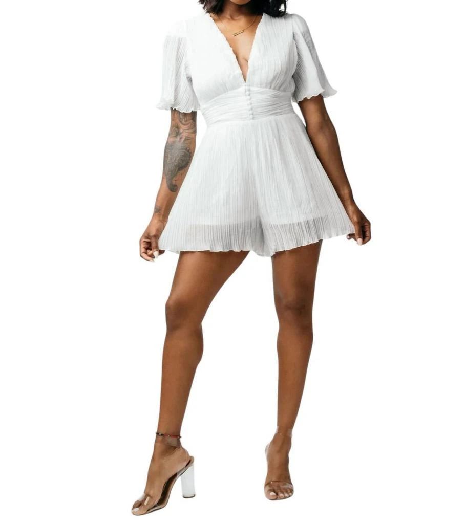 THE SANG Pleated Plunge Romper In White 2