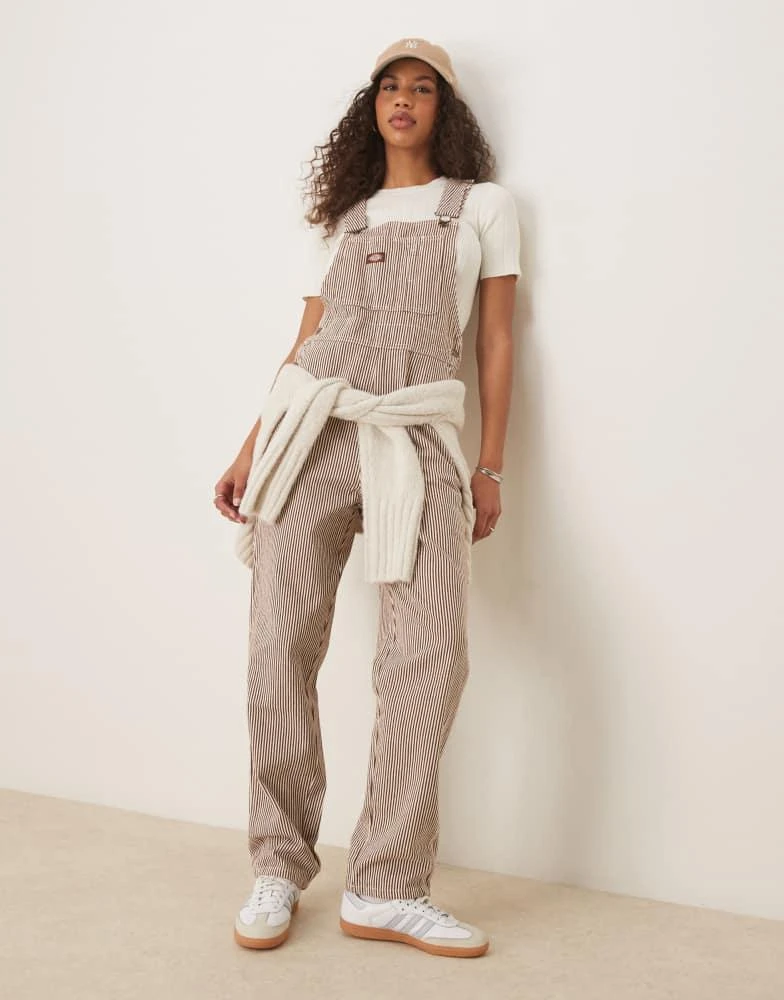 DICKIES Dickies classic hickory stripe denim dungarees in cappuccino brown 2