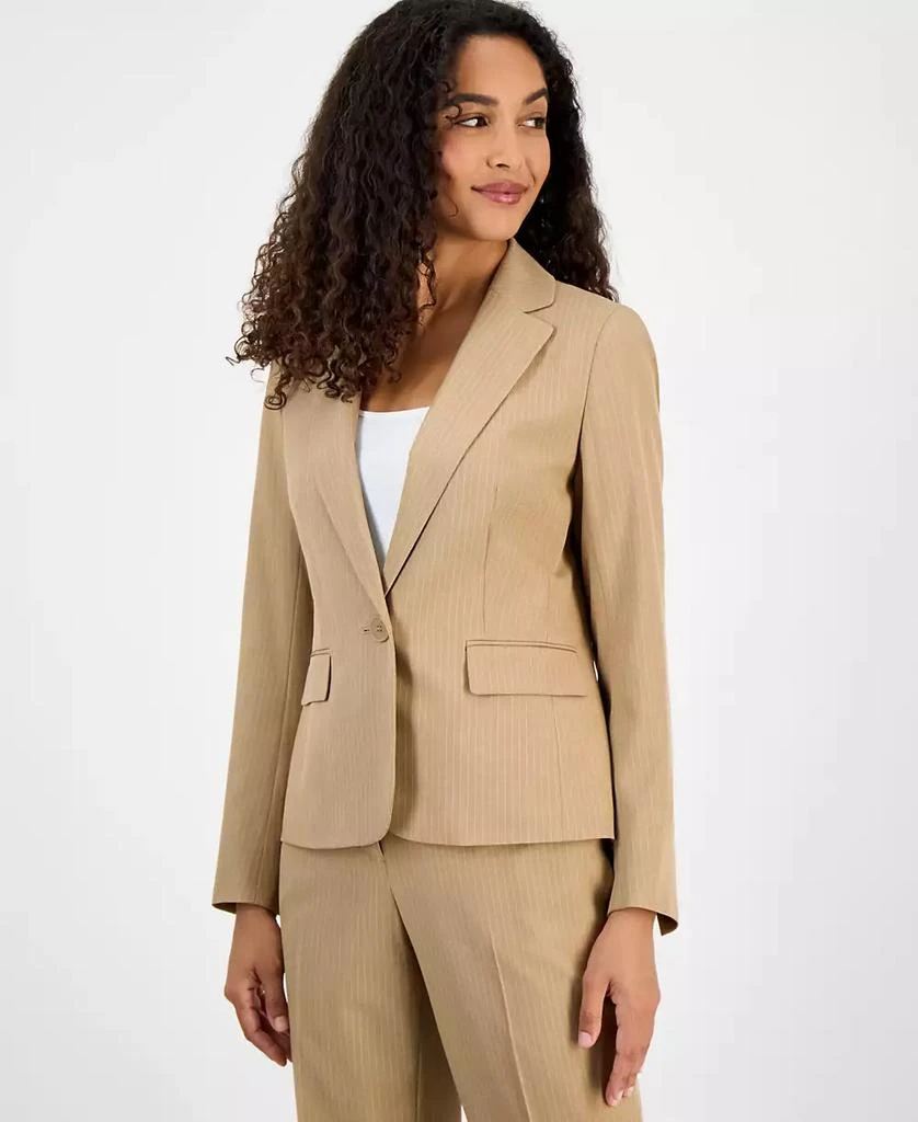 Le Suit Women
s Pinstriped Notch-Collar One-Button Jacket 
Straight-Leg Mid-Rise Pants Set, Regular 
Petite 4