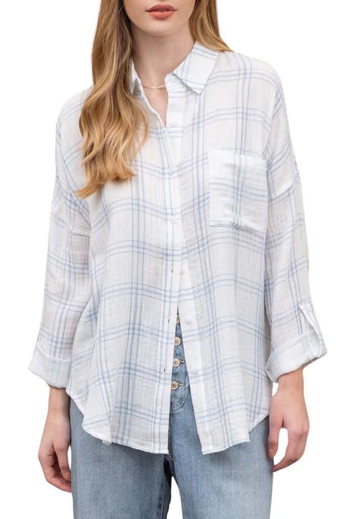 Blu Pepper Oversize Plaid Cotton Button-Up Shirt