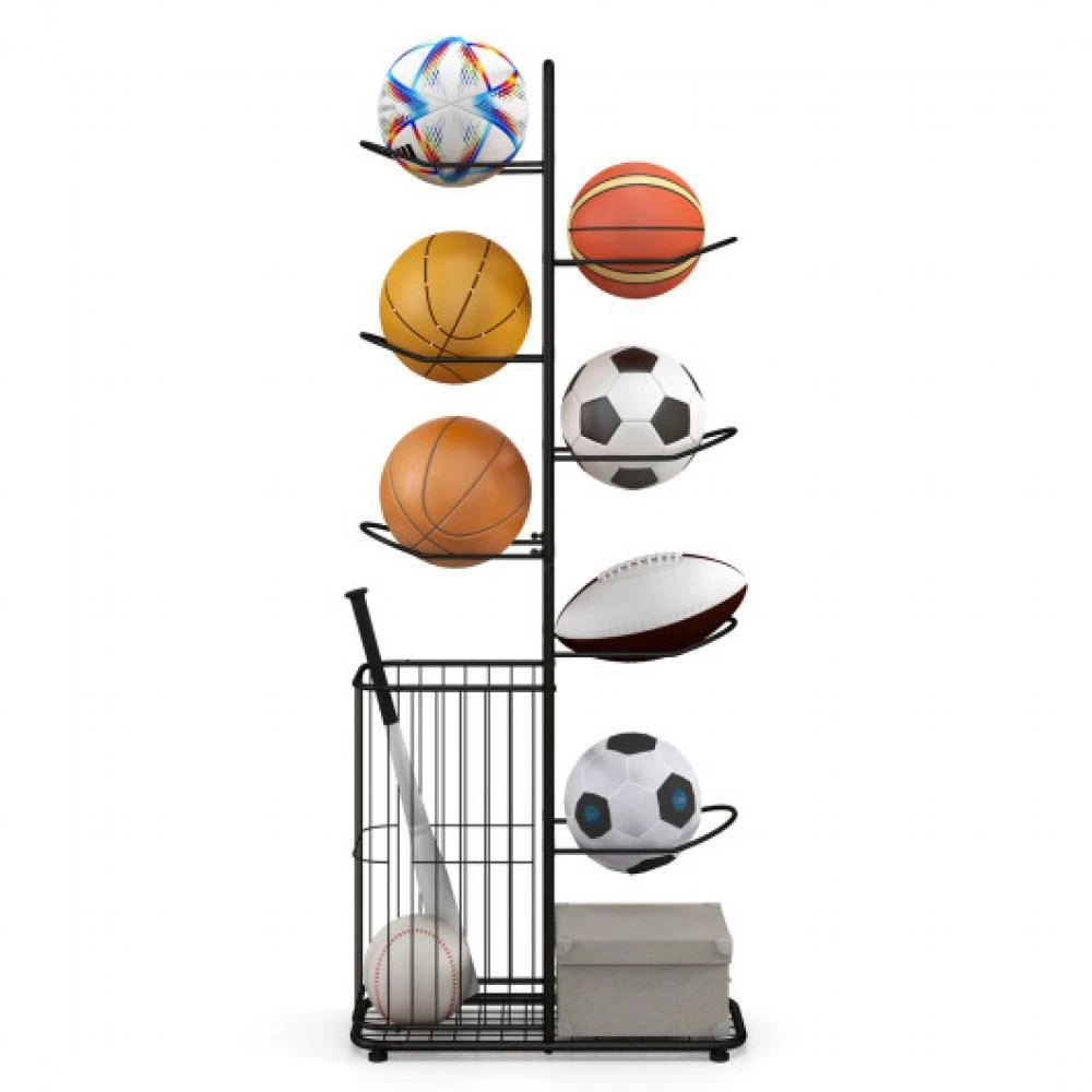 Hivvago Metal Basketball Holder with 7 Removable Hanging Rods and Side Ball Basket 6