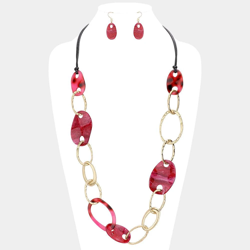 FASHNZFAB Irregular Open Resin Metal Oval Link Long Necklace