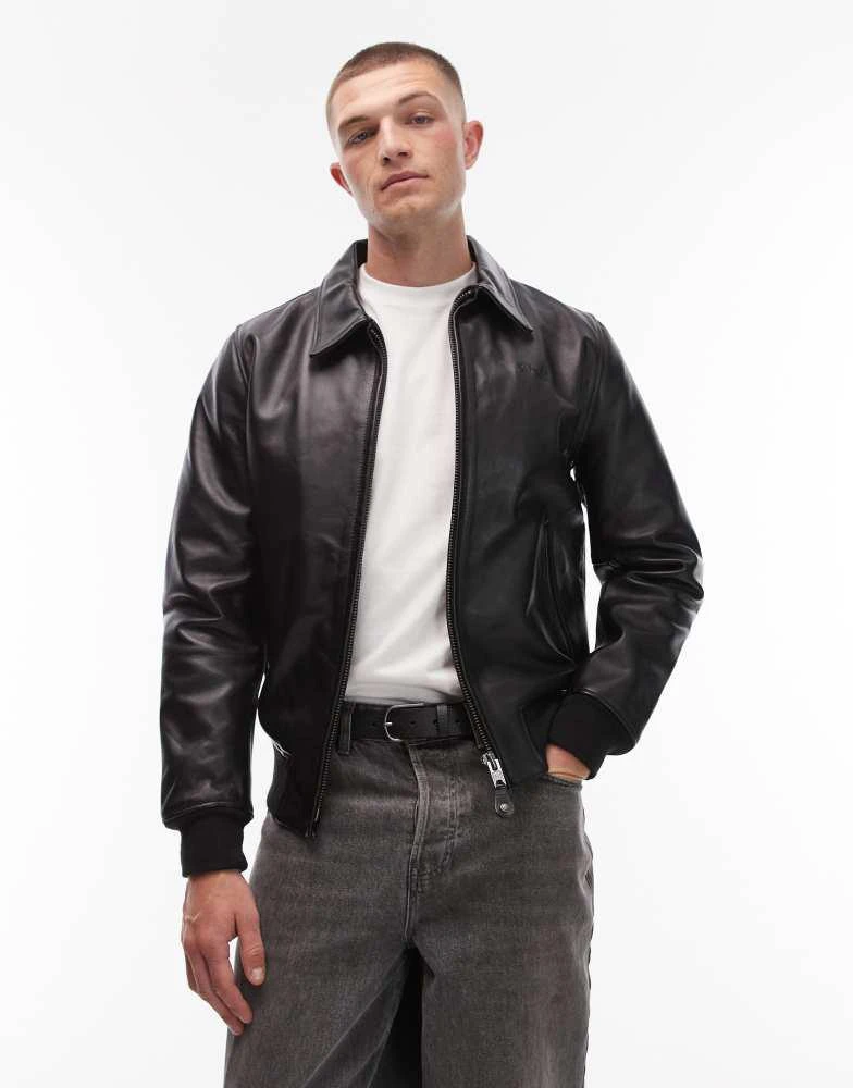 Schott Schott premium  real leather collar detail bomber jacket in black