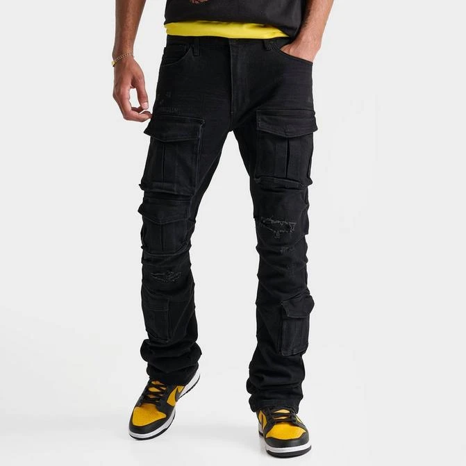 Smoke Rise Men's Smoke Rise Distressed Stacked Flare Cargo Denim Jeans 1