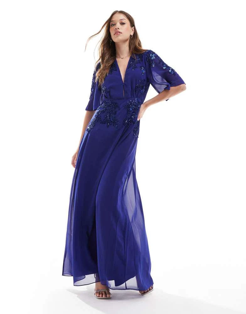 Shop Hope Ivy flutter sleeve maxi dress in navy with cobalt blue