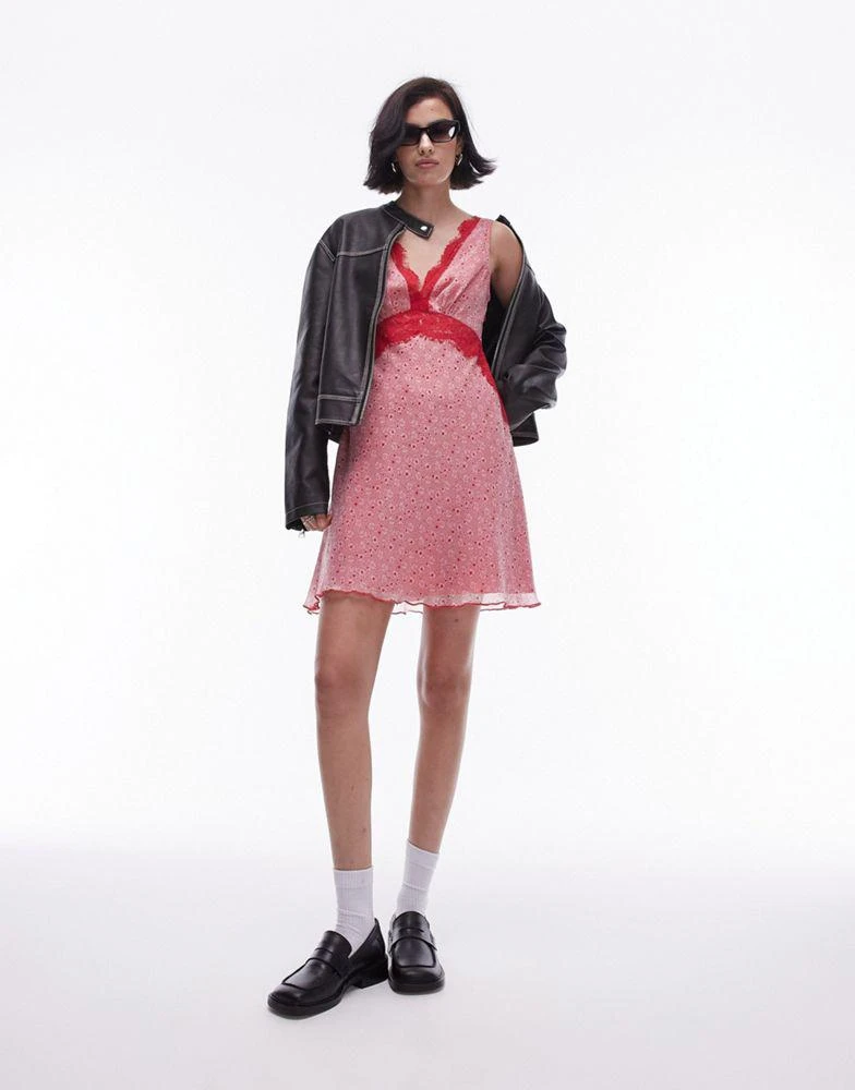 Topshop Topshop floral lace mini flippy dress in red print 1
