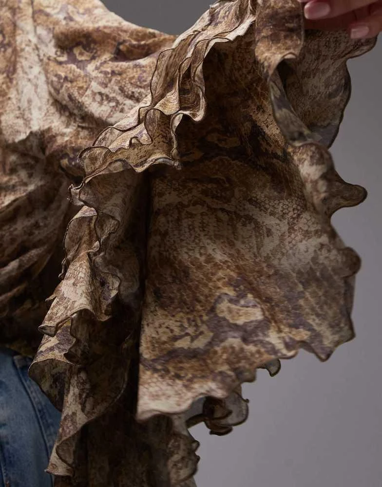 Mango Mango snake print ruffle sleeve blouse in brown 4