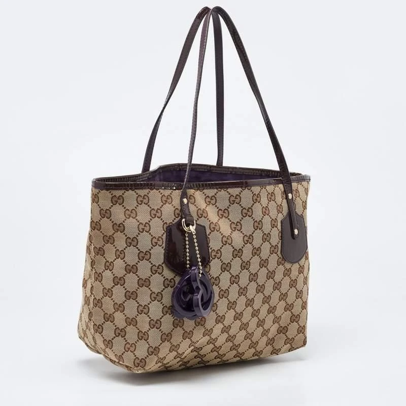 Gucci Gucci Beige/Brown GG Canvas and Patent Leather Small Jolie Web Charms Tote 3