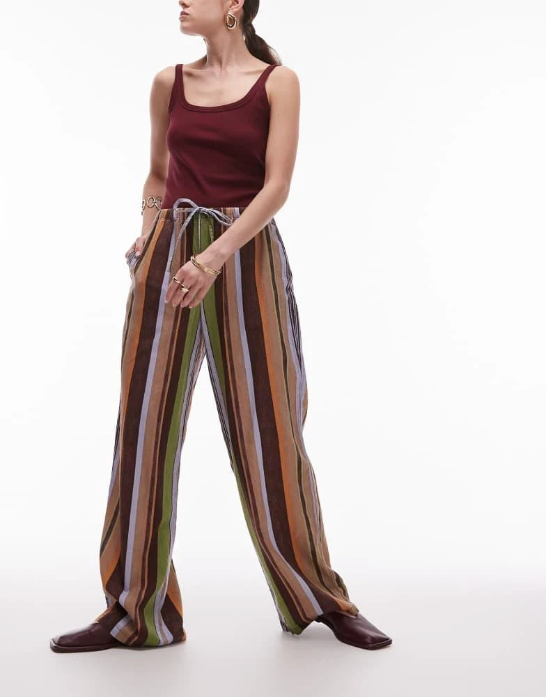 Shop Topshop linen straight leg trouser in brown stripe on Sale at