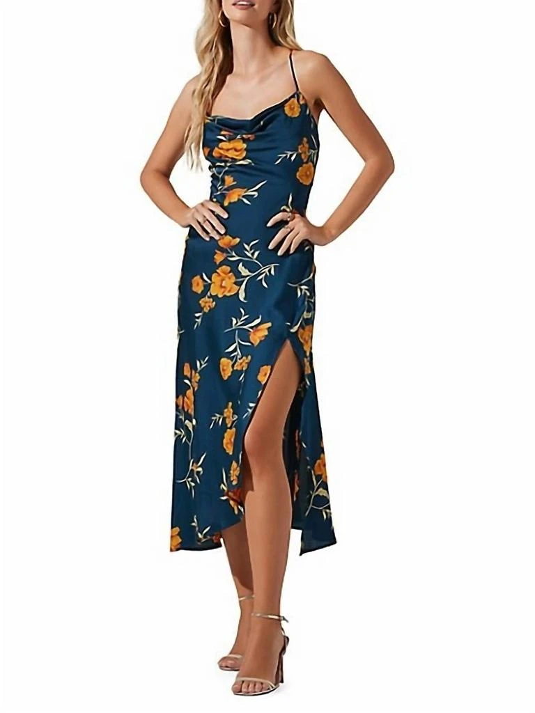 ASTR Gaia Floral Cross-Back Side-Slit Midi Dress In Dark Teal 1