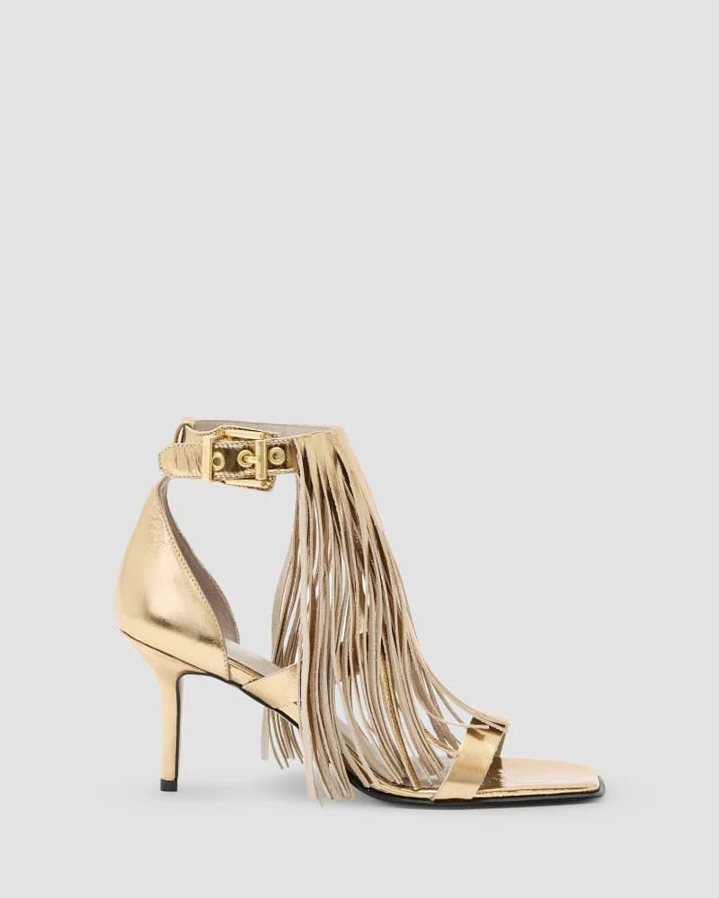 ALL SAINTS AllSaints Paola Met leather fringe heeled sandal in gold 1