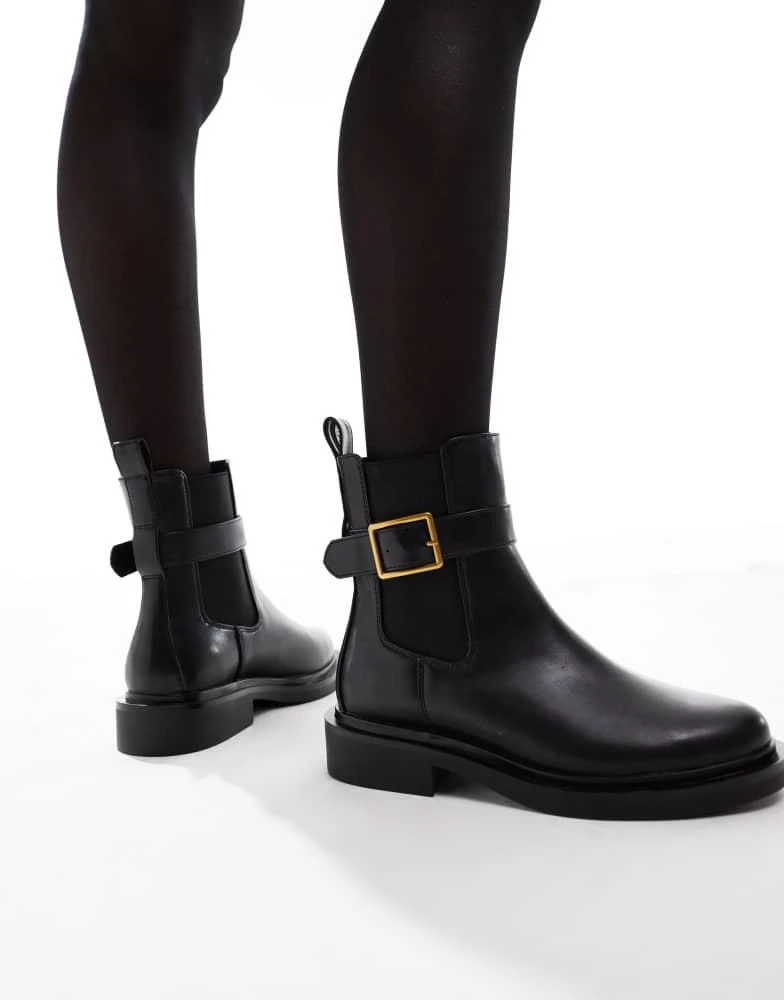 ASOS ASOS DESIGN Wide Fit Aurora flat boots with buckle strap in black 1