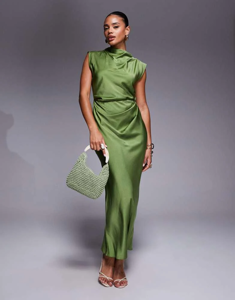 green emerald velvet dress Asos Edition Textured Cami Midi Dress With Cut Out And Tiered Hem In Olive  Green