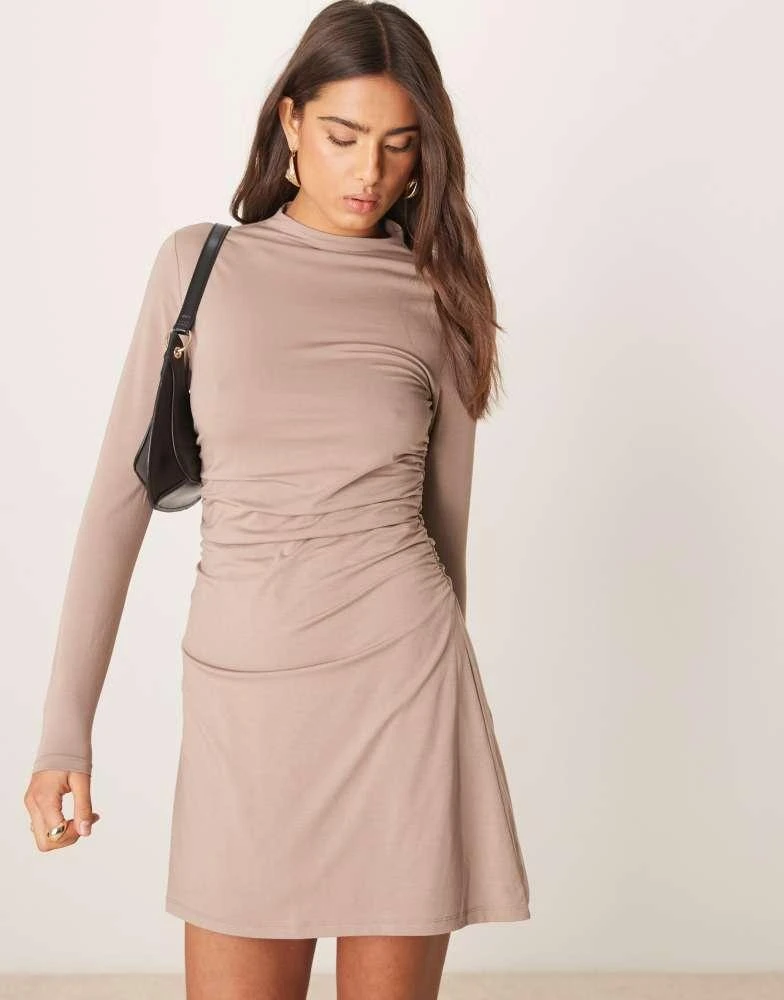 Abercrombie & Fitch Abercrombie & Fitch high neck, long sleeved dress in beige with waist ruching 3