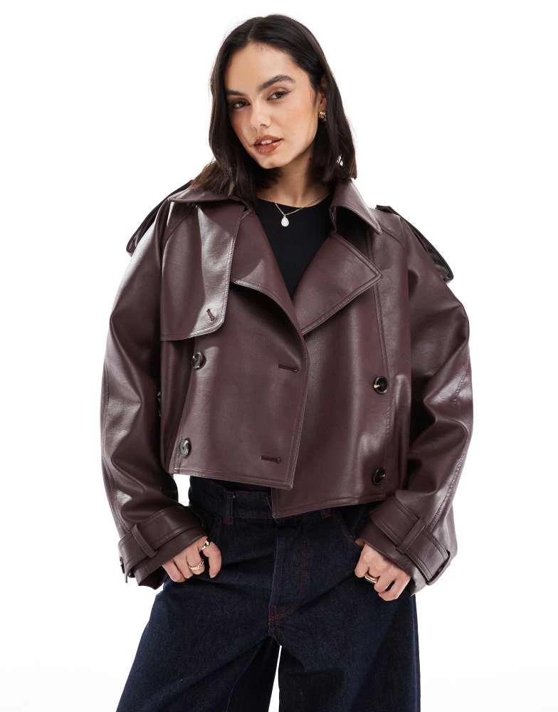 ASOS ASOS DESIGN leather look bomber trench coat in chocolate 1