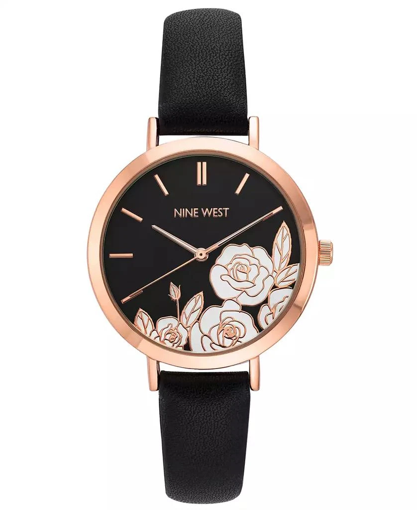 Nine West Women's Quartz Black Faux Leather Band and Floral Pattern Watch, 36.5mm 1
