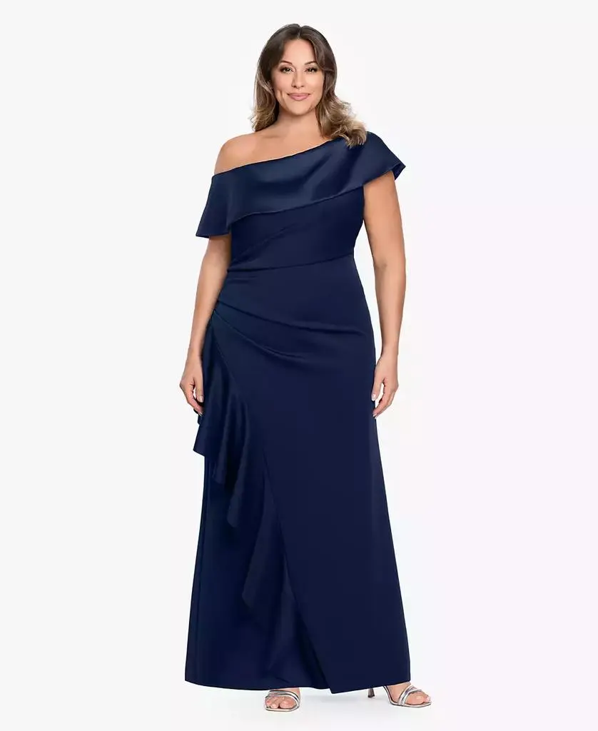 Betsy & Adam Plus Size Asymmetrical Off-The-Shoulder Ball Gown