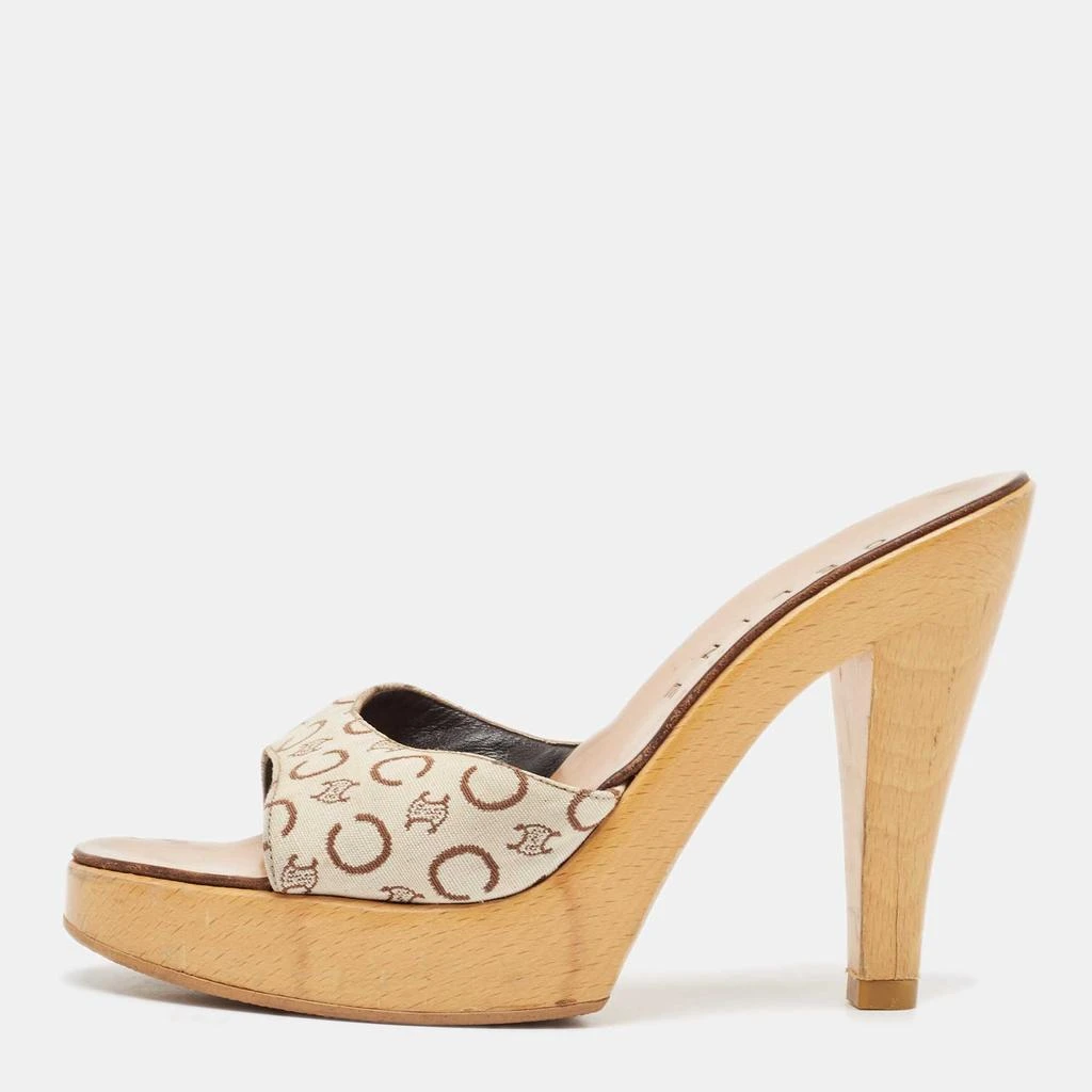 Celine Celine Beige/Brown Logo Print Canvas Platform Slide Sandals Size 37 1