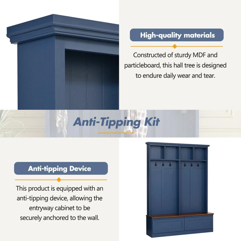 Streamdale Furniture Streamdale Farmhouse 4-in-1 Hall Tree with Wood Grain Bench, Coat Rack, 2 Drawers, Blue, 55.9"W 6