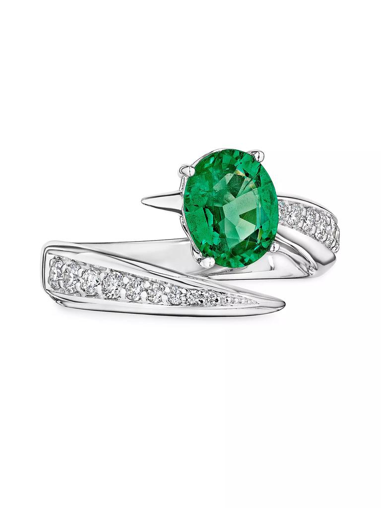 HUEB 18K White Gold, Emerald & 0.358 TCW Diamond Bypass Ring