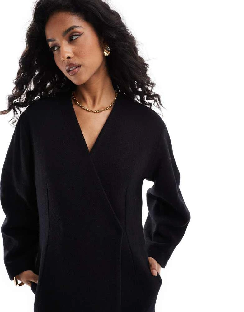 ASOS ASOS DESIGN collarless nipped waisted wool coat in black 2