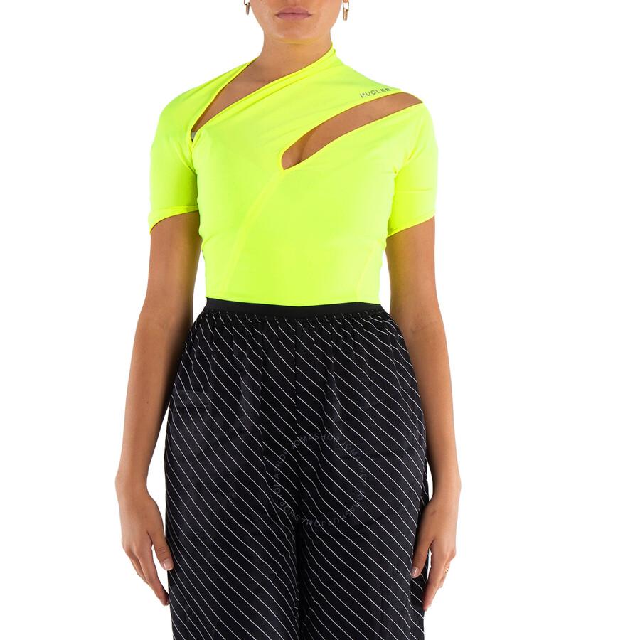 Thierry Mugler Ladies Neon Yellow Asymmetrical Eco Sport Lycra Bodysuit