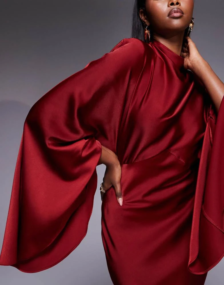 ASOS Design funnel neck satin maxi dress with exaggerated sleeves in red ASOS Design funnel neck satin maxi dress with exaggerated sleeves in red