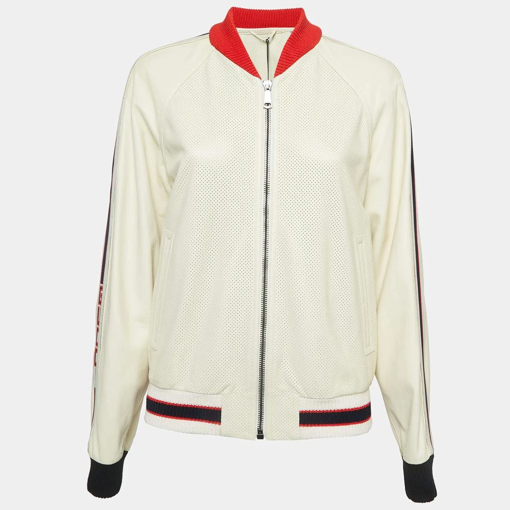 Gucci Gucci Cream Logo Print Leather Perforated Detail Bomber Jacket L 1