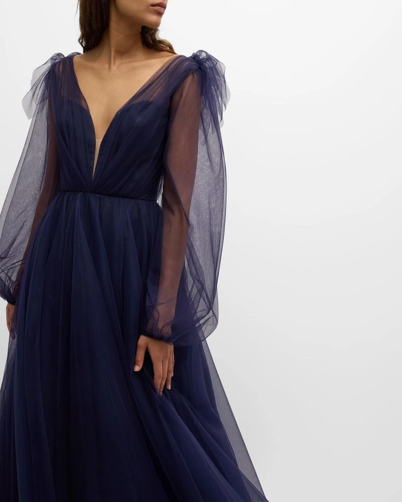 Romona Keveza Plunging Ruffle Long-Sleeve Tulle Gown 7