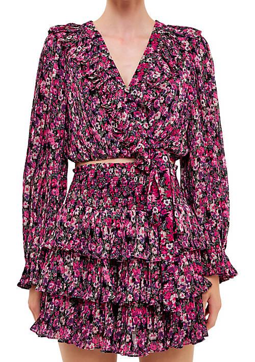 Endless Rose Rose Chiffon Floral Printed Ruffled Crop Top