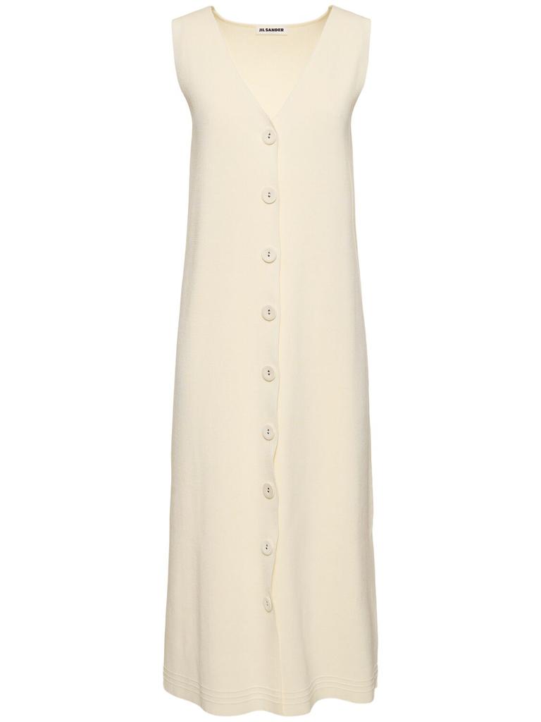 Jil Sander Cotton Blend Rib Knit V Neck Midi Dress